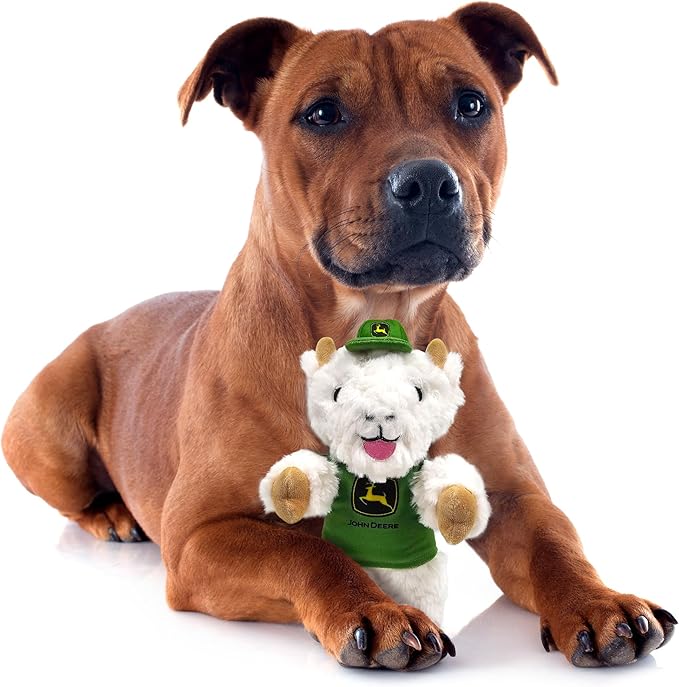 JohnDeere Goat Plush Toy for Dogs and Cats with Squeaker, Wearing a John Deere Jersey! Safe, Fun & Sporty Goat Shaped Dog Chew Toy, Interactive Pet Toy, Plush Teddy Bear for Pets