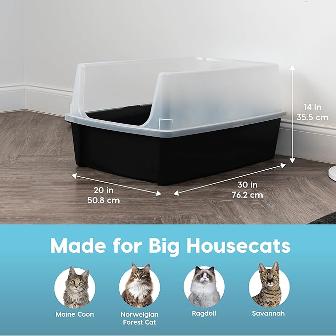 IRIS USA XX-Large Open Top Cat Litter Box with High Sided Walls Tall Scatter Shield Scoop Included Easy Clean Plastic Pan for Big Cats Kittens Multi-Cat Households 30"L x 20"W x 14"H Black