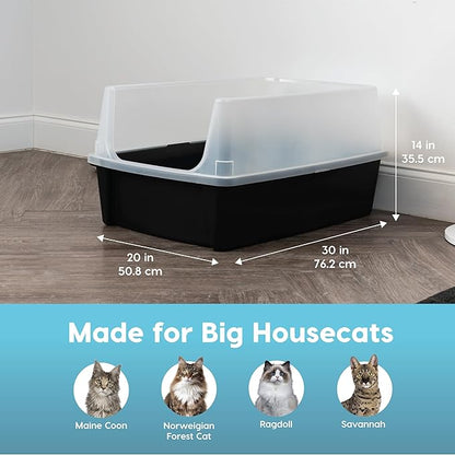 IRIS USA XX-Large Open Top Cat Litter Box with High Sided Walls Tall Scatter Shield Scoop Included Easy Clean Plastic Pan for Big Cats Kittens Multi-Cat Households 30"L x 20"W x 14"H Black
