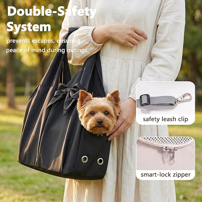 Dog Purse Carrier for Small Dogs, Soft Dog Tote Bag Carrier with 4 Large Pockets, No Collapse, Lightweight, Smart Zipper Lock, Comfortable Puppy Cats Rabbit Carrier for Travel, Outdoor(Black)