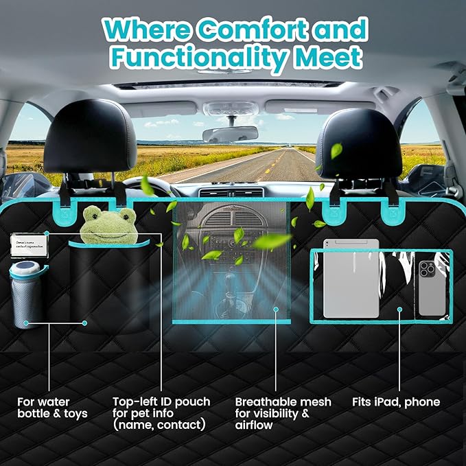 Dog Car Seat Cover for Back Seat, Car Seat Protector for Dogs, Hard Bottom Supports 450 lbs, Triple Waterproof, Non-Slip, Exclusive Zipper Design for Child Seat & Dog Seat Belt