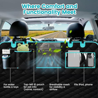 Dog Car Seat Cover for Back Seat, Car Seat Protector for Dogs, Hard Bottom Supports 450 lbs, Triple Waterproof, Non-Slip, Exclusive Zipper Design for Child Seat & Dog Seat Belt