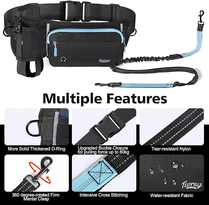 Hands Free Dog Leash, Adjustable Waist Leash for Walking with Dual Bungees Padded Handle, Shock Absorbing Hands Free Belt for Small Medium-Sized Dogs Outdoor Activities, Black+Blue
