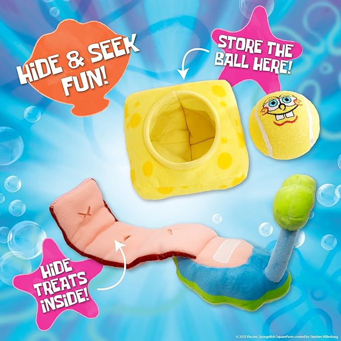 design LAB, Inc. Spongebob Squarepants Official Merchandise | Plush Dog Toys | Spongebob & Gary the Sea Snail (Value 2-Pack) Nesting Toy Tennis Ball & Soft Hide and Seek Treat Dispenser