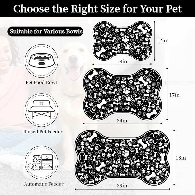 Dog & Cat Food Mat Bone Shaped Pet Feeding Mat Quick Absorb Water Bowl Placemat with Rubber Backing Indoor Floor Stain Resistant Pet Accessory Supplies (Black, 16x24 Inches)