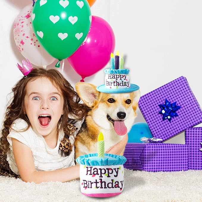 Dog Birthday Cake Toy, Happy Birthday Cake Shaped Squeaky Dog Toys for Medium & Large Dogs Funny Dogs Gifts Plush Dog Party Toys, Large, Blue