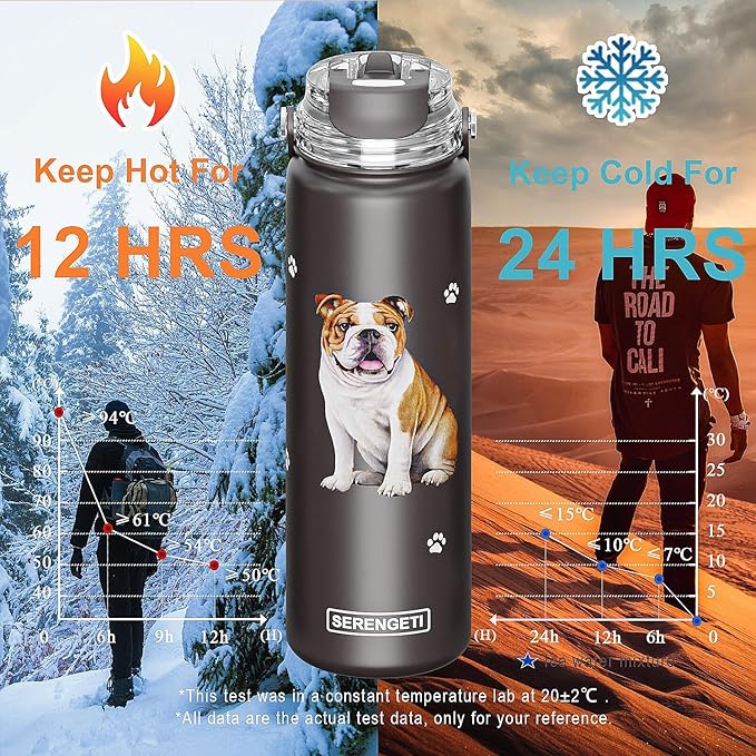 SERENGETI 24 Oz Water Bottle Stainless Steel with Spill Proof Lid - Double walled Vacuum Insulated water flask - Realistic 3D Print of your favorite dog (Shih Tzu Black)