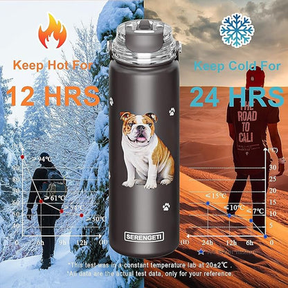 SERENGETI 24 Oz Water Bottle Stainless Steel with Spill Proof Lid - Double walled Vacuum Insulated water flask - Realistic 3D Print of your favorite dog (Shih Tzu Black)