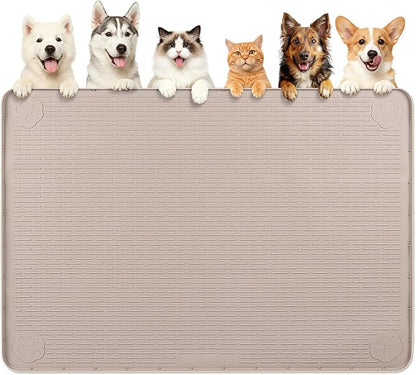 Dog Food Mat, Extra Large 57" x 40" Silicone Pet Feeding Mat with Raised Edge Pet Placemat for Small, Medium, and Large Pets Non-Slip, Easy to Clean (Khaki)