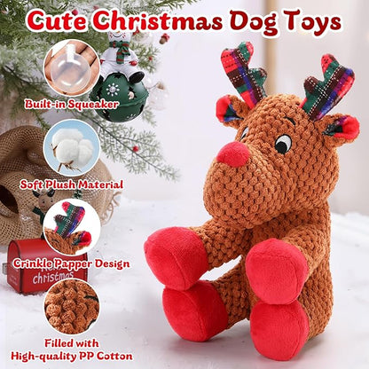 Christmas Dog Toys, Tough Dog Squeaky Toys with Crinkle Paper, Interactive Plush Puppy Chew Toys,Cute Christmas Reindeer Dog Toys, Adorable Dog Gifts for Small, Middle,Large Dogs