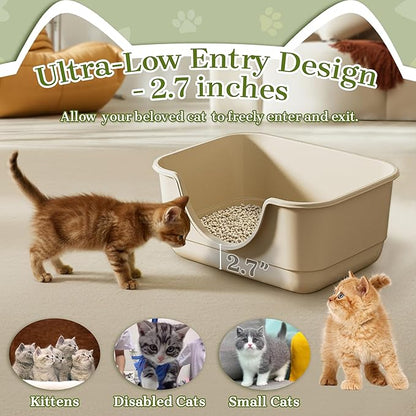 2 Pack Low Entry Small Litter Box for Kittens, Kitty Plastic Litter Boxes, Open Top, Anti-Splash High Sided Litter Tray Pan for Medium Pets, Puppy, Easy to Clean, 15.7"L*11.8"W*6.7"H (Beige)