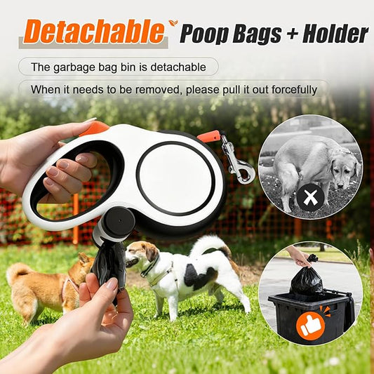 BIGNADO 26ft/8m Retractable Dog Leash with Poop Bag Holder for Medium Large Dogs Up to 110lbs/50kg, Heavy Duty Dog Walking Leash with Anti-Slip Grip, No-Tangle Leashes, One-Handed Lock - White