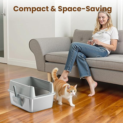 Stainless Steel Sifting Litter Box for Pine Pellets, Sifting Cat Litter Box with Sifter, High Side for Small Cats, Anti-Leakage, Odor Control, Includes Scooper, 17.7" x 13.8" x 11"