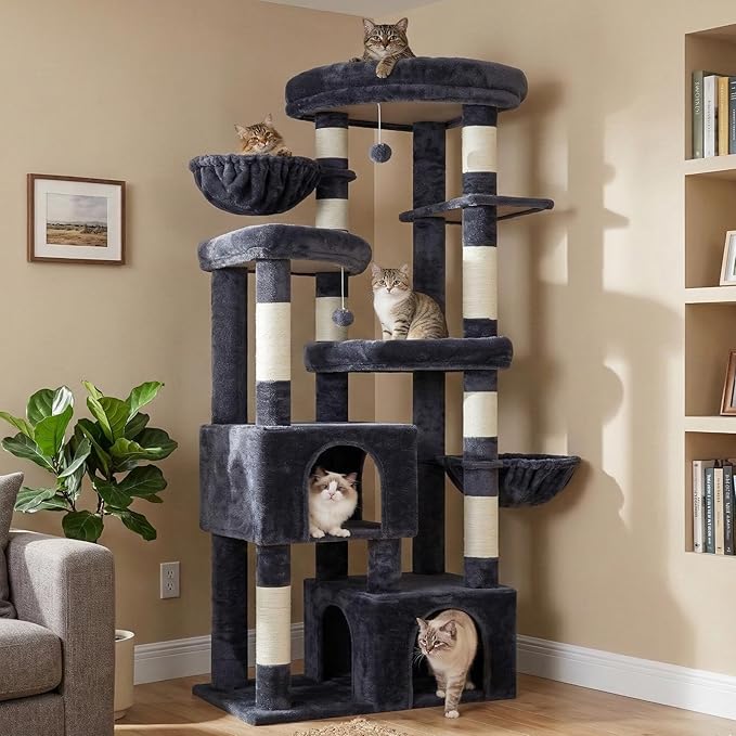 Hey-brother Cat Tree, 67.3 Inches Tower with 3 Soft Platform Beds, 2 Large Condos, 9 Sisal Scratching Posts, 2 Hammocks and Toys, Multi-Level Step House for Multiple Indoor Kittens, Smoky Gray MPJ084G