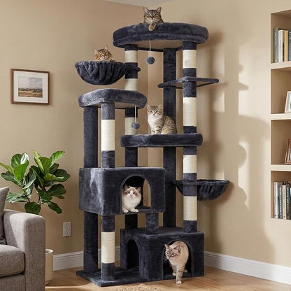 Hey-brother Cat Tree, 67.3 Inches Tower with 3 Soft Platform Beds, 2 Large Condos, 9 Sisal Scratching Posts, 2 Hammocks and Toys, Multi-Level Step House for Multiple Indoor Kittens, Smoky Gray MPJ084G