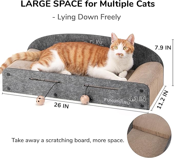 FUKUMARU 26 Inch Large Cat Scratcher Bed, 2 Reversible Cardboard Cat Scratch Pads Refill for Indoor Cats, Durable Cats Scratching Bed Sofa Couch Lounger with Fun Toys, Furniture Protector, Grey