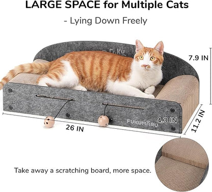 FUKUMARU 26 Inch Large Cat Scratcher Bed, 2 Reversible Cardboard Cat Scratch Pads Refill for Indoor Cats, Durable Cats Scratching Bed Sofa Couch Lounger with Fun Toys, Furniture Protector, Grey