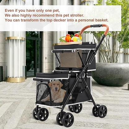Double Pet Stroller for Dogs and Cats, One-Hand Folding Dog Stroller Travel Carriage for Small Medium Dogs Cats, 4 Wheels, Black