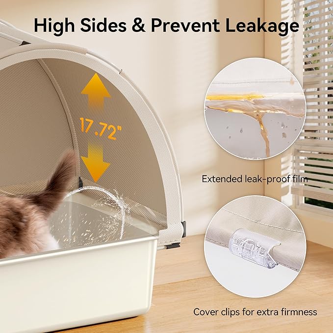 Meowant Stainless Steel Cat Litter Box, Extra Large Metal Litter Box with High Sided Oxford Fabric Cover & Extendable Scoop, Leakproof & Non-Sticky, Odor Control, No-Bend Cleaning