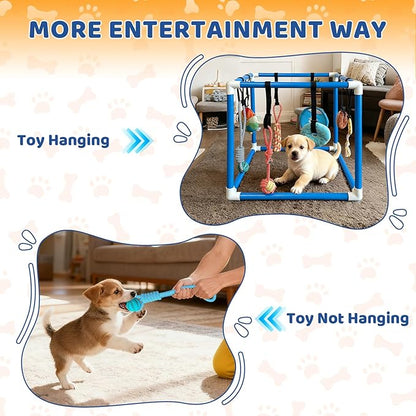 Puppy Play Gym with 8 Hanging Toys Interactive Puppy Toys for Small Breed Indoor Play Gym for Boredom Enrichment Activity Teething PVC Frame Stretchy Rope with Velcro (Blue)