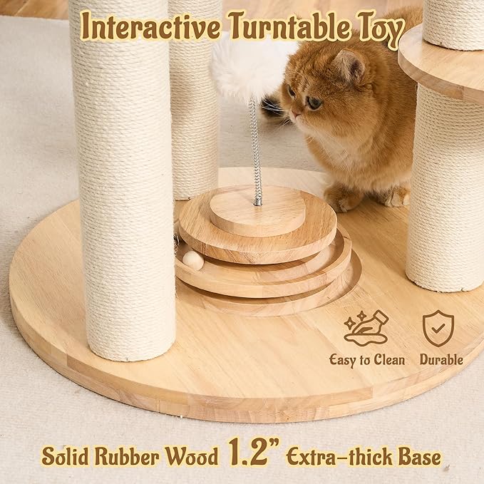 Modern Cat Tree Tower with Scratching Post, 61.5in Tall Cat Tree for Indoor Cats, Multi-Level Solid Wood Cat Furniture with Cozy Cat Beds, Condo, Hammock, Capsule Nest, Turntable Toy, Natural