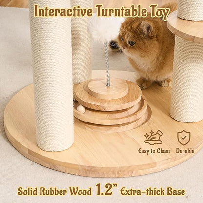 Modern Cat Tree Tower with Scratching Post, 61.5in Tall Cat Tree for Indoor Cats, Multi-Level Solid Wood Cat Furniture with Cozy Cat Beds, Condo, Hammock, Capsule Nest, Turntable Toy, Natural