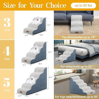 POCBLUE Dog Stairs for Small Dogs 22.4" H, 5-Step Wide Pet Step for High Bed or Couch, Curved Pet Ramps for Cats with High-Density Foam and Washable Cover, Grey