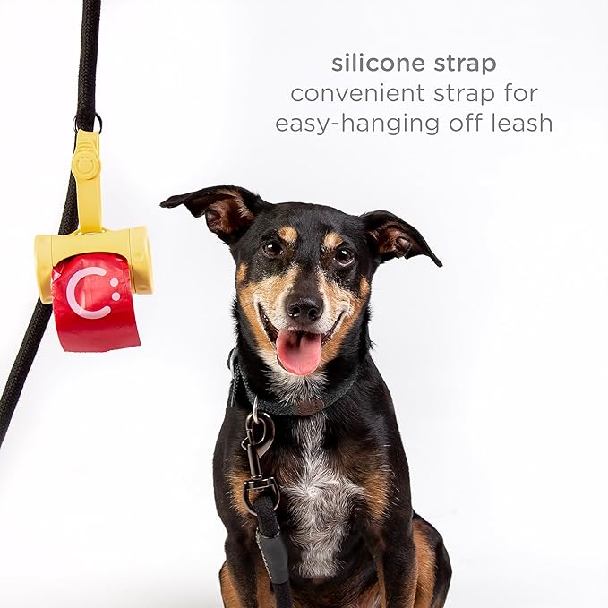 Ubbi Retractable Dog Poop Bag Holder and Dispenser with Silicone Strap Leash Attachment, Includes 2 Rolls of Lavender Scented Leakproof Waste Bags, Yellow
