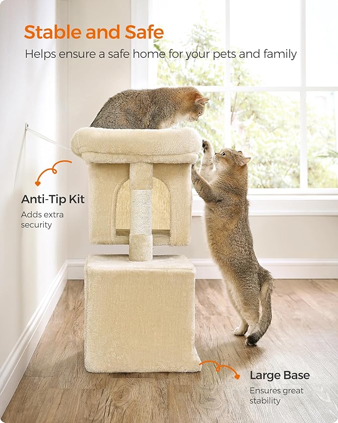 Feandrea Cat Tree, 26.4-Inch Cat Tower, Plush Condo for Kittens up to 7 lb, Large Perch, 2 Caves, Scratching Post, Beige UPCT611M01