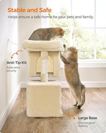 Feandrea Cat Tree, 26.4-Inch Cat Tower, Plush Condo for Kittens up to 7 lb, Large Perch, 2 Caves, Scratching Post, Beige UPCT611M01