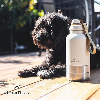 GrandTies Insulated Portable Dog Water Bottle with 2 Detachable Water Bowl Dispenser | Leak-Proof Dog Food Travel Container | Accessories for Dogs Walking, Hiking, Camping (32oz, Ivory White)