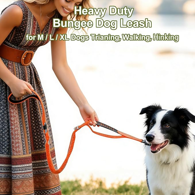 Dog Leash Heavy Duty, 4-6FT Bungee Leash Dog Seat Belt for Car With 2 Padded Handles, Strong Shock Tactical Tug Leashes Reflective Rope Lead for Medium L X-Large Dogs Walking Running Training (Orange)