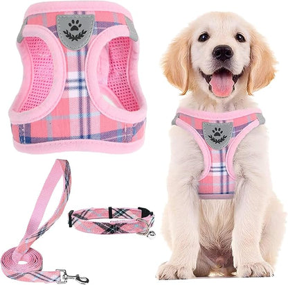 PUPTECK Adjustable Dog Harness Collar and Leash Set Step in No Pull Pet Harness for Small Medium Dogs Puppy and Cats Outdoor Walking Running, Soft Mesh Padded Reflective Vest Harnesses, Pink XS