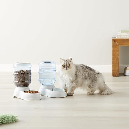 Amazon Basics Automatic Pet Water Dispenser and Gravity Food Feeder Set for Cat and Dog, Easy to Clean, 6-Pound Food Capacity, 1-Gallon, Small, Gray, Pack of 2