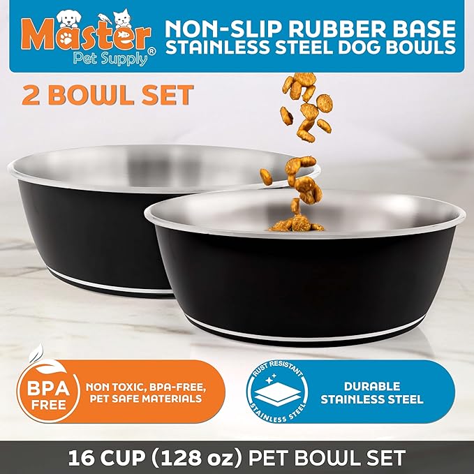 Master Pet Supply Stainless Steel Dog Bowls Set of 2 (128 Oz Each) with Non-Slip Rubber Base - Black Velvet - Basic Dog Food Bowl Water & Food Bowls for Small Medium Large Dogs & Cats, Metal Dish