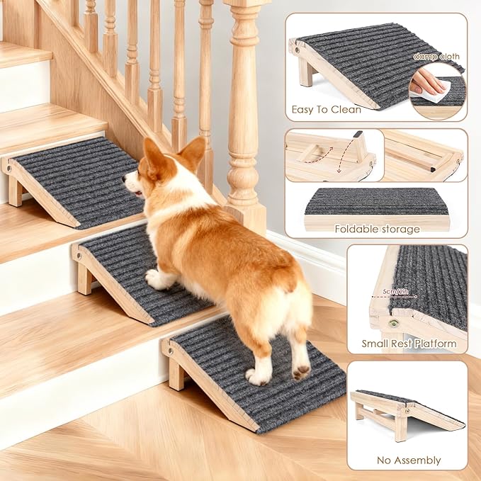 3 Pack Dog Ramp for Stairs, Anti-Slip Pet Step for Small Dogs with Soft Carpet Surface, Folding Portable Indoor/Outdoor Pet Steps for Stairs, Dog Stairs for Senior/Arthritis Dogs (Pet Firendly)
