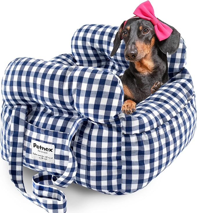 Dog Car Seat for Small Dogs, Portable Puppy Car Seat of Easy Installation, Fashionable Pet Carrier Bag with Large Pockets, Machine Washable Dog Booster Seat (Checkered Navy)