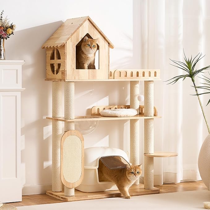 58" Tall&Wide Solid Wood Cat Tree Tower for Indoor Cats, Modern Cat Tree Open-Style Cat Villa Condo with Scratching Posts & Board, Cat Beds, Multi-Level Cat Furniture with Space for Litter Box