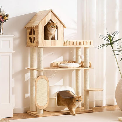 58" Tall&Wide Solid Wood Cat Tree Tower for Indoor Cats, Modern Cat Tree Open-Style Cat Villa Condo with Scratching Posts & Board, Cat Beds, Multi-Level Cat Furniture with Space for Litter Box
