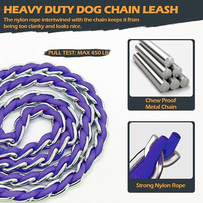 Chain Dog Leash Chew Proof Metal Leash for Medium Large Dogs, Chain Link Dog Anti Chew 5.2FT / 4FT Strong Anti Bite Comfortable Soft Padded Handle (Purple, 5.2FT(30-80lb))