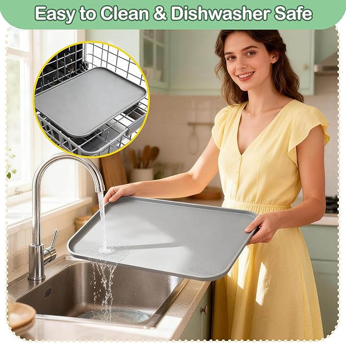 100% Waterproof Silicone Pet Feeding Mat,Warped Resistant Raised Edge BPA-Free Dog Cat Food Mats, Non-Slip Pet Placemat with High Lip to Prevent Spills, Dishwasher Safe, 21.5"x14" Grey