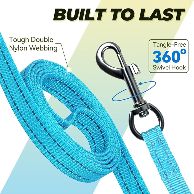 VIVAGLORY Dog Leash Twingrip Double Handle Dog Leash with Traffic Handle Control & 2 Loop for Walking & Training, Reflective Heavy Duty for Puppy Pet Collar, 4ft x 1/2in, Lake Blue