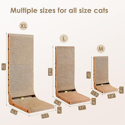 EHEYCIGA Cardboard Cat Scratcher for Indoor Cats, 26.8 Inch L Shaped Vertical Cat Scratching Board with Ball Cat Toy, Large Cat Scratcher Pad, Brown (Pack of 2)