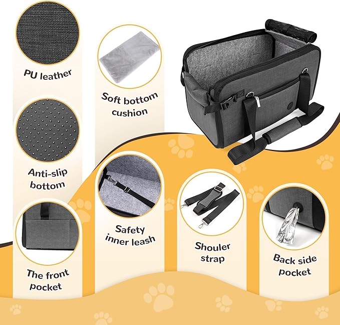 YUDODO Large Dog Car Seat for Center Console (Width＞9.5in) Fits 10-18lbs, Anti-Slip Puppy Cat Travel Portable Booster Seat, Luxury Pet Car Bed Carseat PU Leather Gray