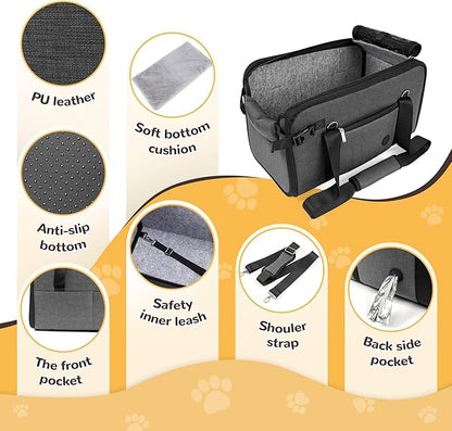 YUDODO Large Dog Car Seat for Center Console (Width＞9.5in) Fits 10-18lbs, Anti-Slip Puppy Cat Travel Portable Booster Seat, Luxury Pet Car Bed Carseat PU Leather Gray
