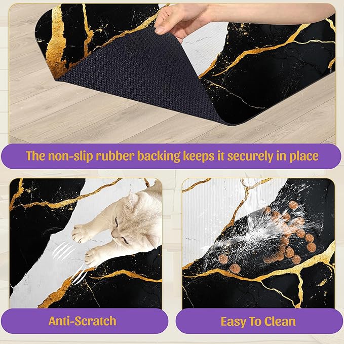 Black Gold Marble Dog and Cat Food Mat, Absorbent Feeding Placemat, Waterproof Non-Skid Rubber Backing, No Stains Pet Supplies – 16x24 Inch