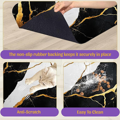 Black Gold Marble Dog and Cat Food Mat, Absorbent Feeding Placemat, Waterproof Non-Skid Rubber Backing, No Stains Pet Supplies – 16x24 Inch