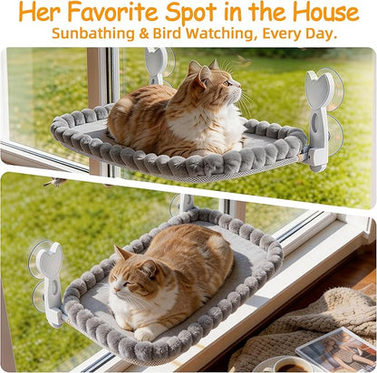 Cat Window Perch - Cordless Foldable Double-Sided Cat Hammock with Metal Frame, Machine Washable Bed for Large Cats & Kittens to Sunbathe Safely-Gray