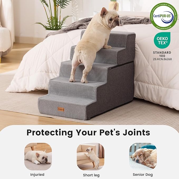 Gardner Pet Dog Stairs for Small Dogs 22.8" H, 5-Step Extra Wide Dog Stairs for High Bed, Pet Steps for Small Dogs and Cats Couch with Durable Non-Slip Waterproof Fabric Cover and Soft Foam, Grey