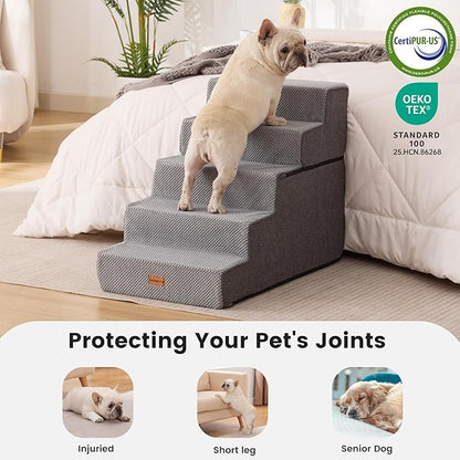 Gardner Pet Dog Stairs for Small Dogs 22.8" H, 5-Step Extra Wide Dog Stairs for High Bed, Pet Steps for Small Dogs and Cats Couch with Durable Non-Slip Waterproof Fabric Cover and Soft Foam, Grey